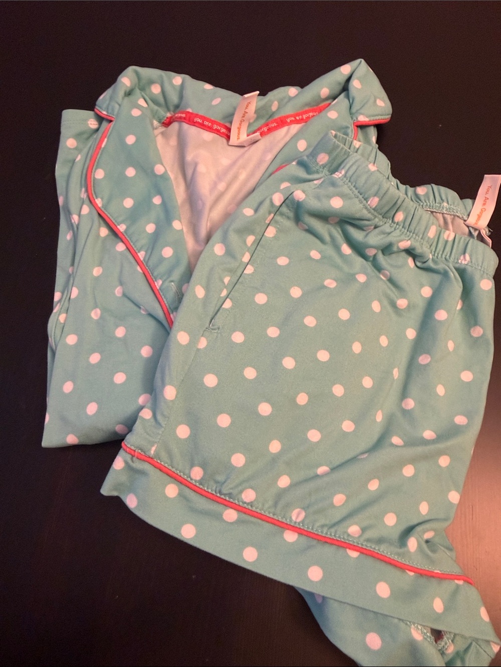 Girls' Mint Polka Dot Short Pajama Set with Red Trim